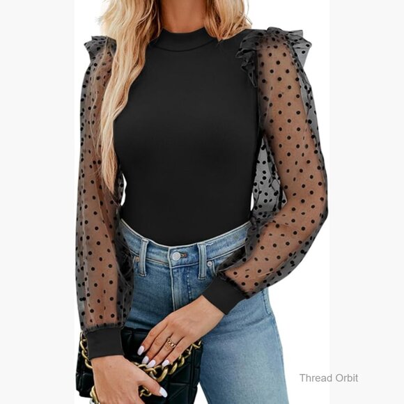 Mock Turtle Neck Polka Dot Sheer Mesh Puff Sleeve Bodysuit Blouse Top